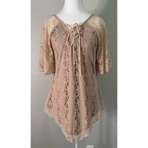 Fairycore Lace Tunic Top Handkerchief Hem Bell Sleeve Lace Up Back Boho Romantic